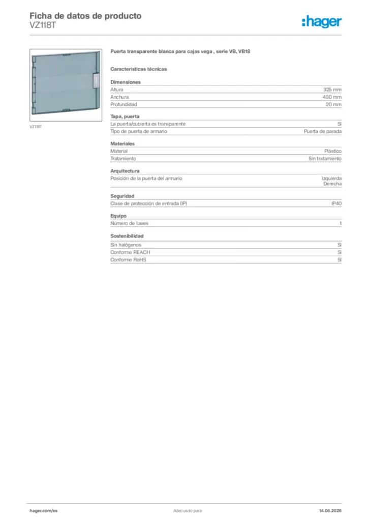 Imagen Hager Ficha de datos de producto VZ118T | Hager España