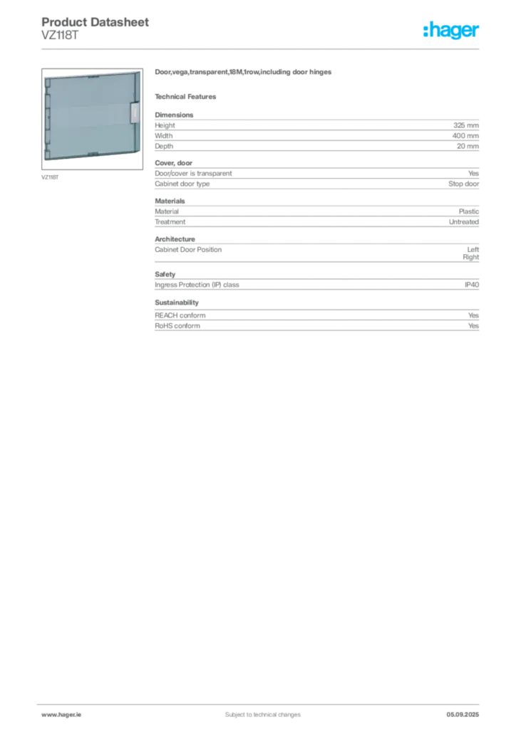 Image Hager Product data sheet VZ118T  | Hager