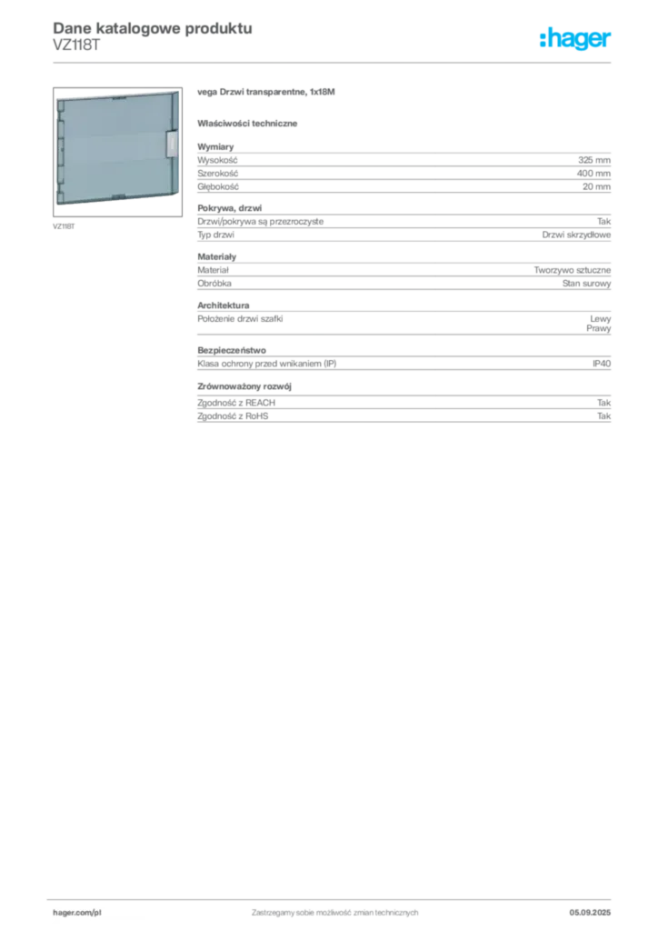 Zdjęcie Hager Dane katalogowe produktu VZ118T | Hager Polska