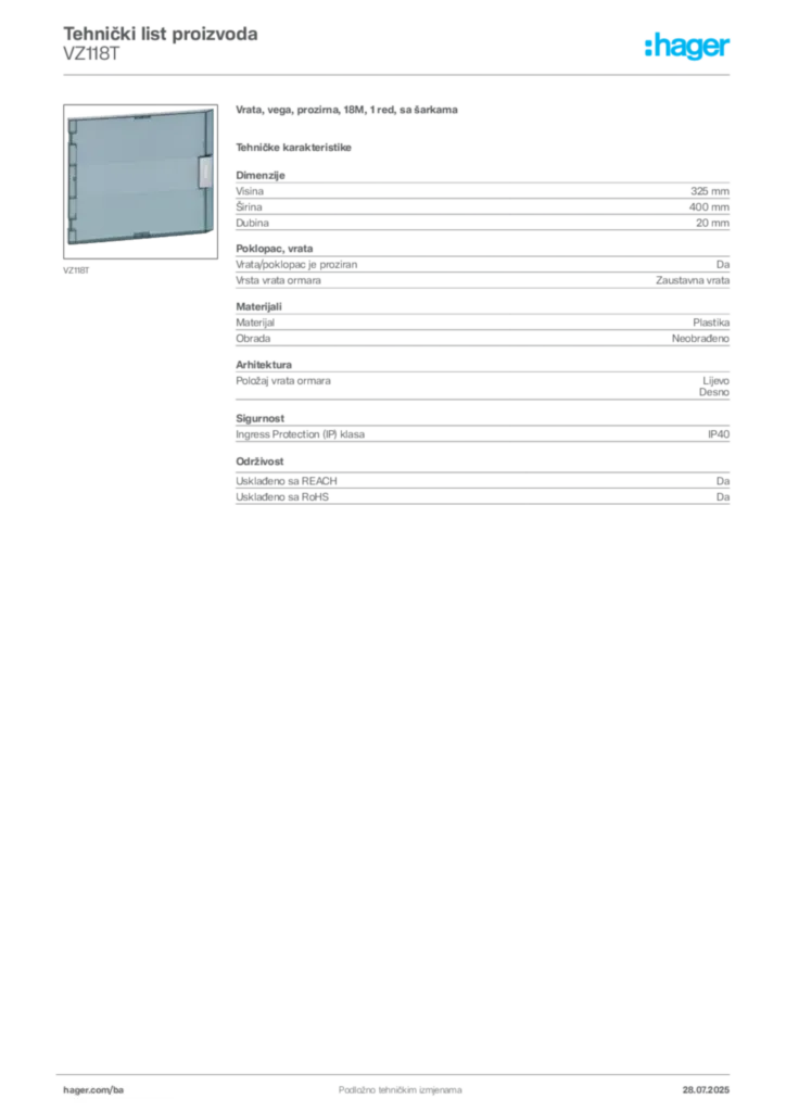 Slika Hager Product data sheet VZ118T  | Hager