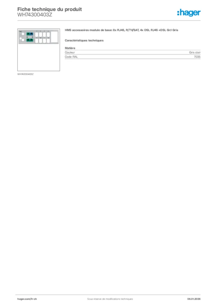 Image Hager Fiche technique du produit WH74300403Z | Hager Suisse