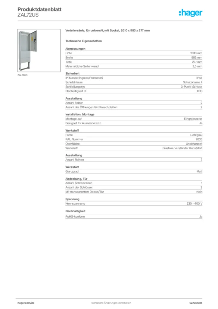Bild Hager Produktdatenblatt ZAL72US | Hager Deutschland