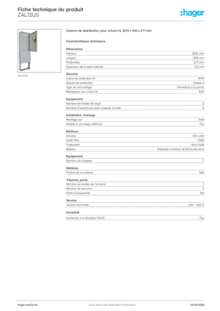 Image Hager Fiche technique du produit ZAL72US | Hager Belgique