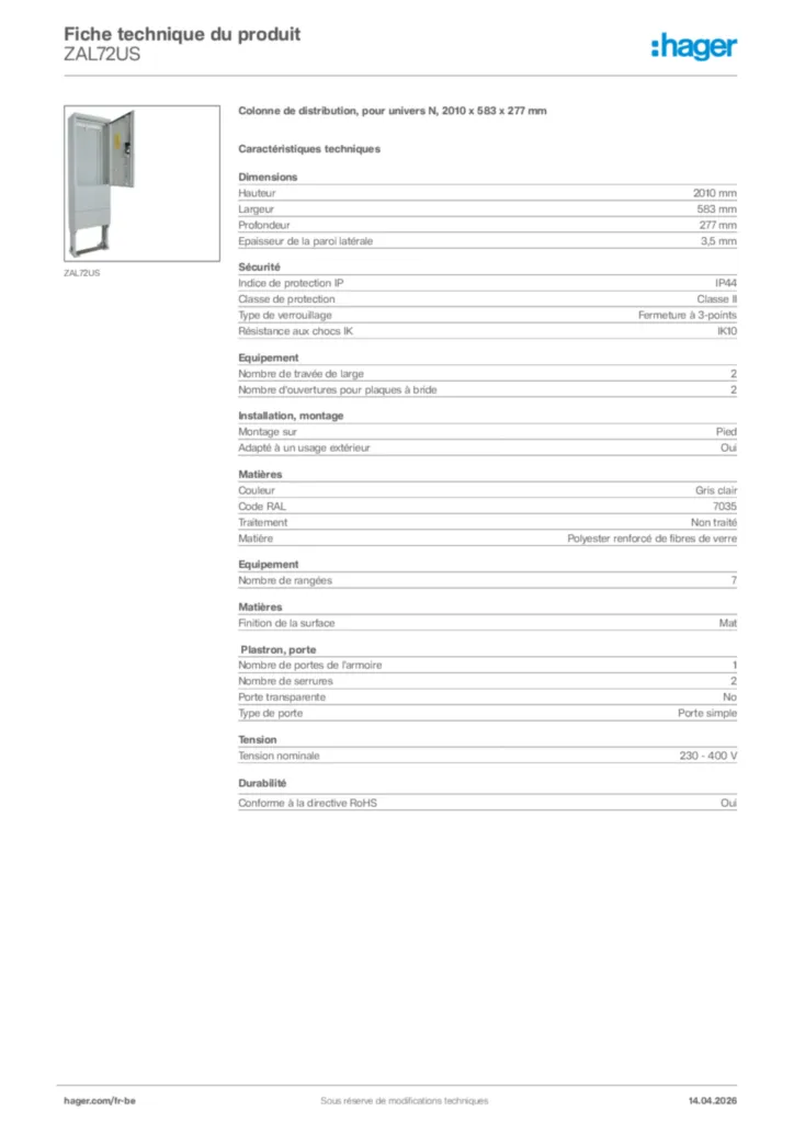 Image Hager Fiche technique du produit ZAL72US | Hager Belgique