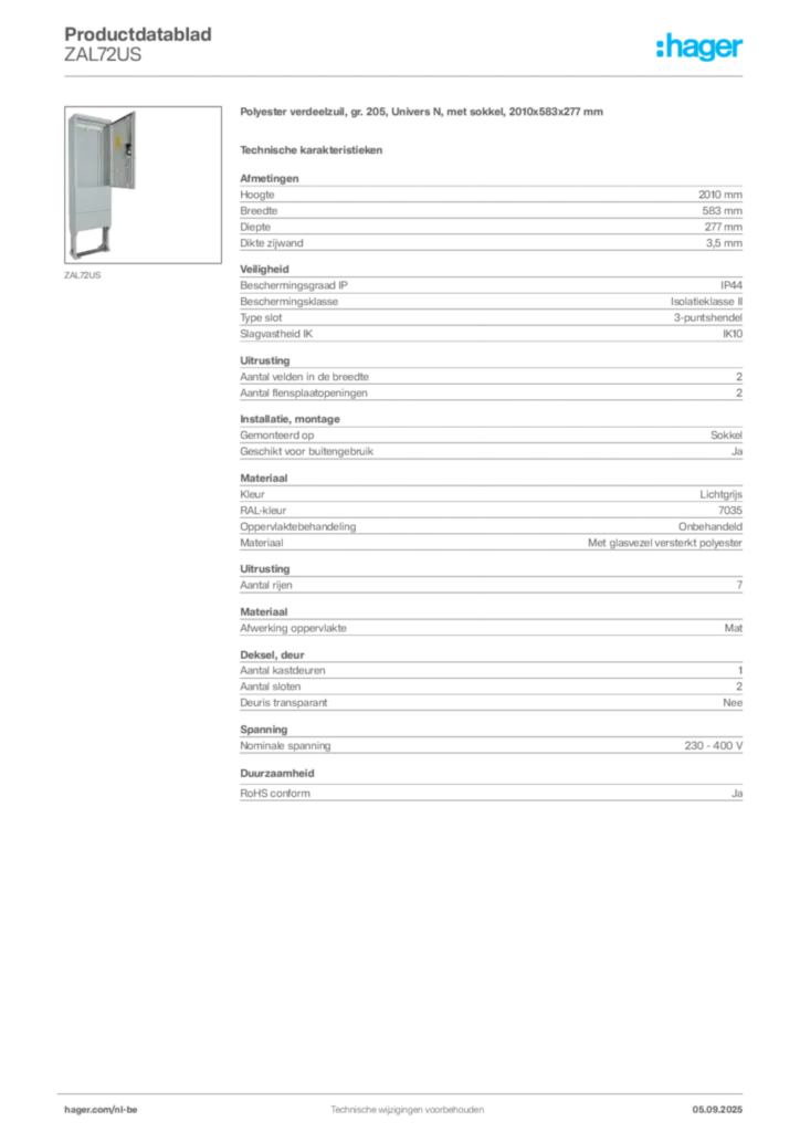 Afbeelding Hager Productdatablad ZAL72US | Hager Belgium
