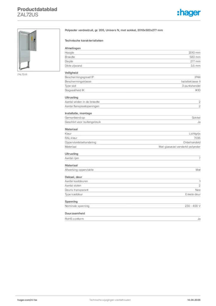 Afbeelding Hager Productdatablad ZAL72US | Hager Belgium