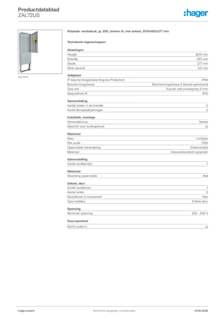 Afbeelding Hager Productdatablad ZAL72US | Hager Nederland