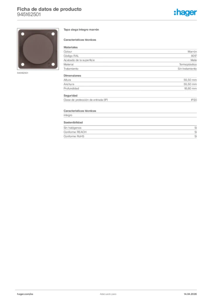 Imagen Hager Ficha de datos de producto 945162501 | Hager España