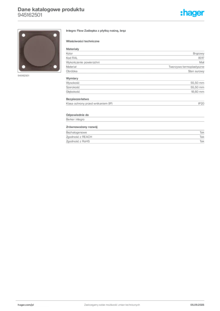 Zdjęcie Hager Dane katalogowe produktu 945162501 | Hager Polska