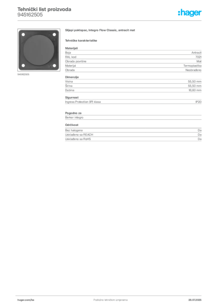 Slika Hager Product data sheet 945162505  | Hager