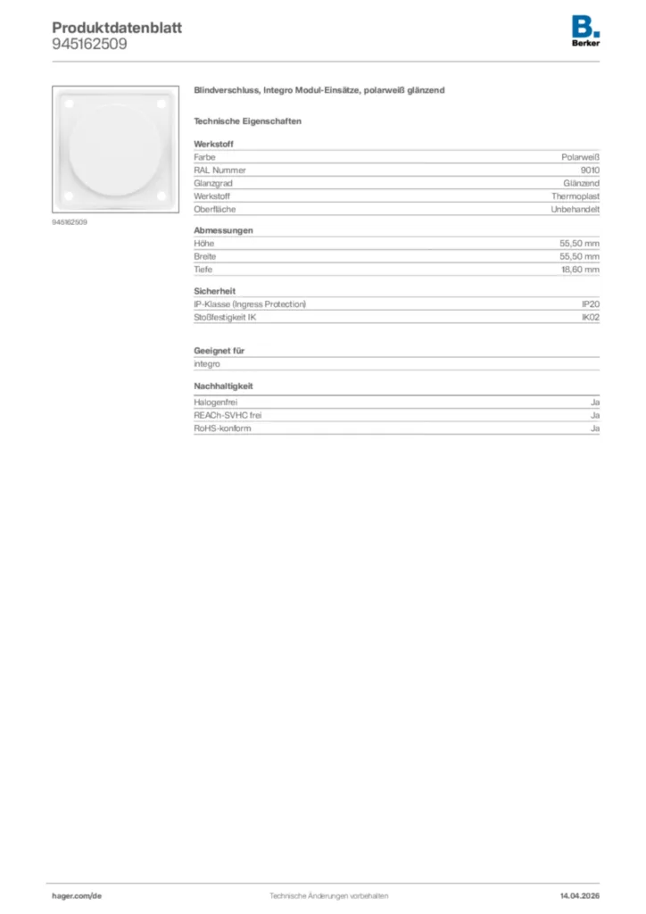 Bild Berker Produktdatenblatt 945162509 | Hager Deutschland