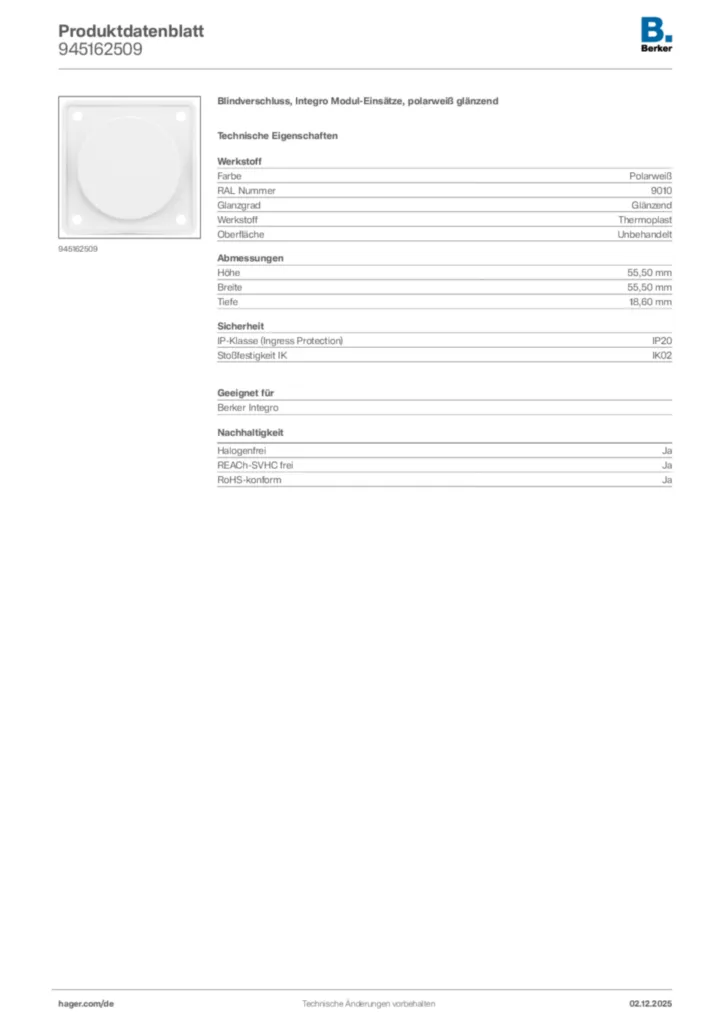 Bild Berker Produktdatenblatt 945162509 | Hager Deutschland