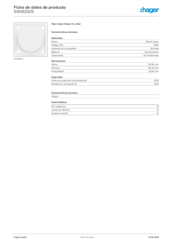 Imagen Hager Ficha de datos de producto 945162509 | Hager España