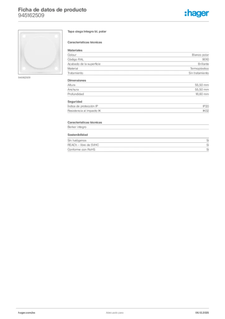 Imagen Hager Ficha de datos de producto 945162509 | Hager España