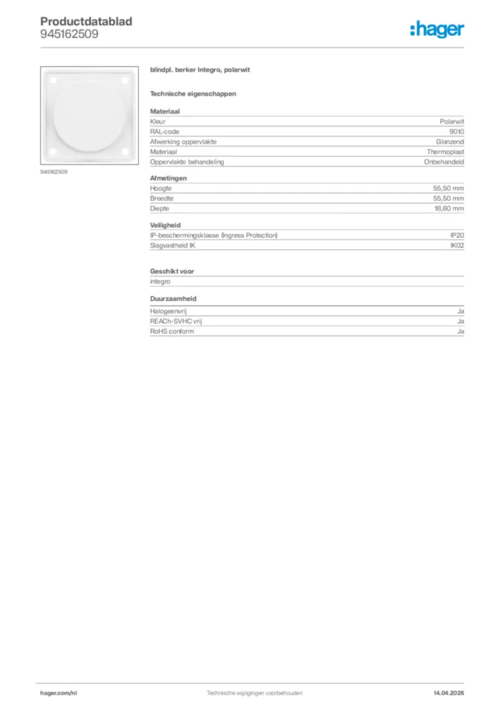 Afbeelding Hager Productdatablad 945162509 | Hager Nederland