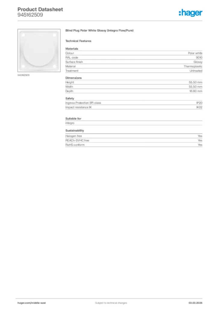 Image Hager Product data sheet 945162509  | Hager