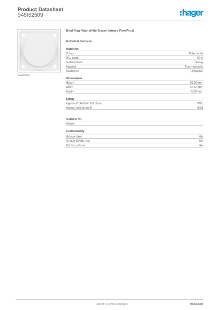 Image Hager Product data sheet 945162509  | Hager