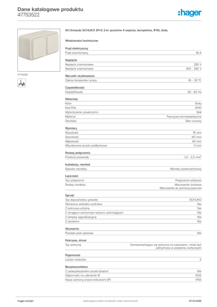 Zdjęcie Hager Karta katalogowa 47753522 | Hager Polska