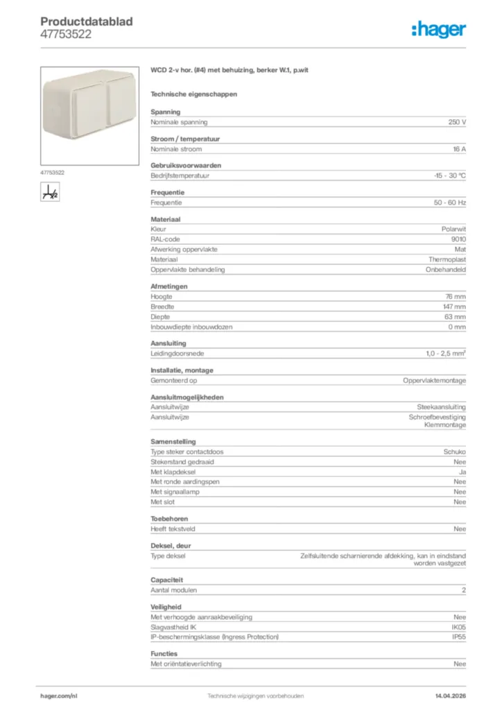 Afbeelding Hager Productdatablad 47753522 | Hager Nederland