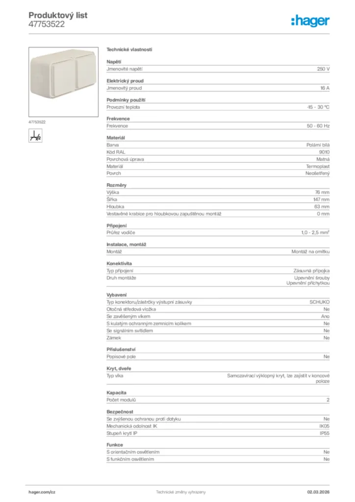 Obrázek Hager Product data sheet 47753522 | Hager