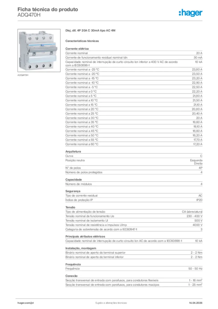 Imagem Hager Ficha técnica do produto ADQ470H | Hager Portugal