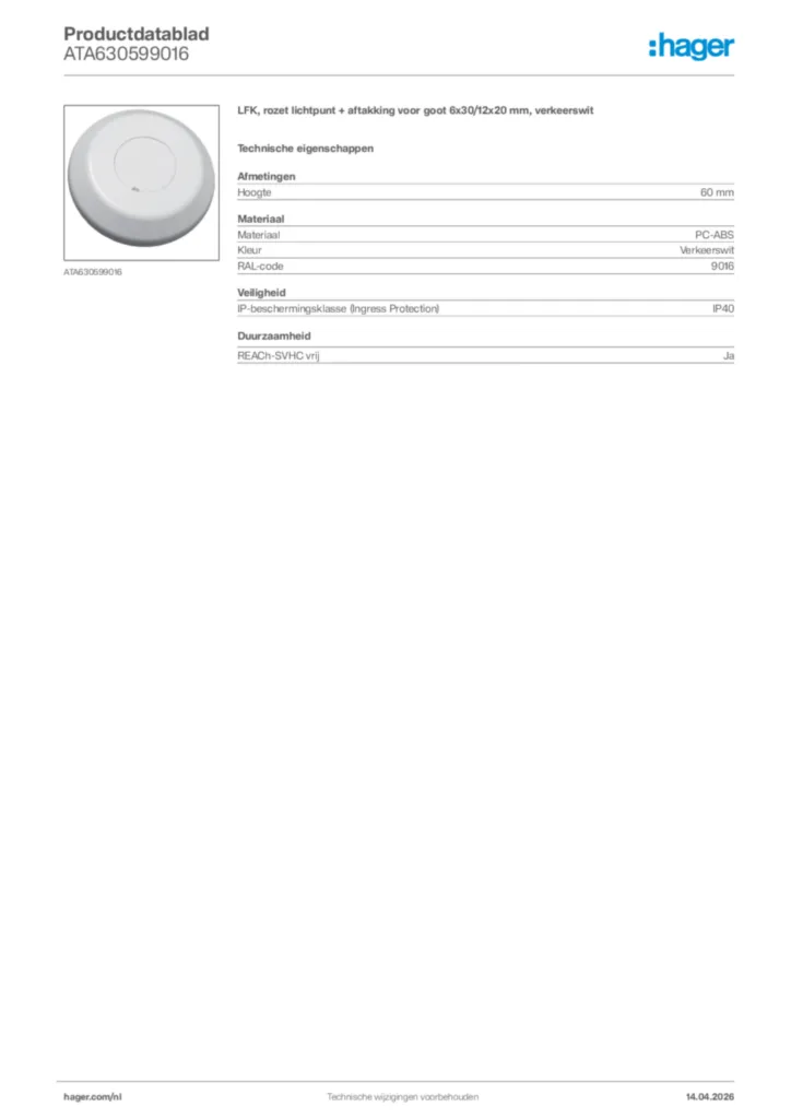 Afbeelding Hager Productdatablad ATA630599016 | Hager Nederland