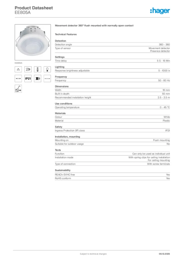 Image Hager Product data sheet EE805A  | Hager Africa