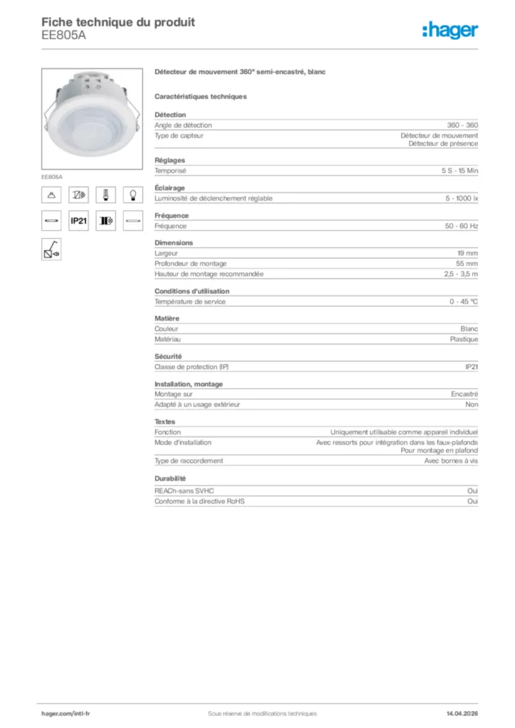 Image Hager Fiche technique du produit EE805A | Hager Afrique