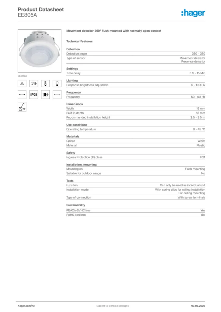Image Hager Product data sheet EE805A  | Hager New Zealand