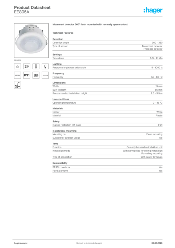 Image Hager Product data sheet EE805A  | Hager New Zealand