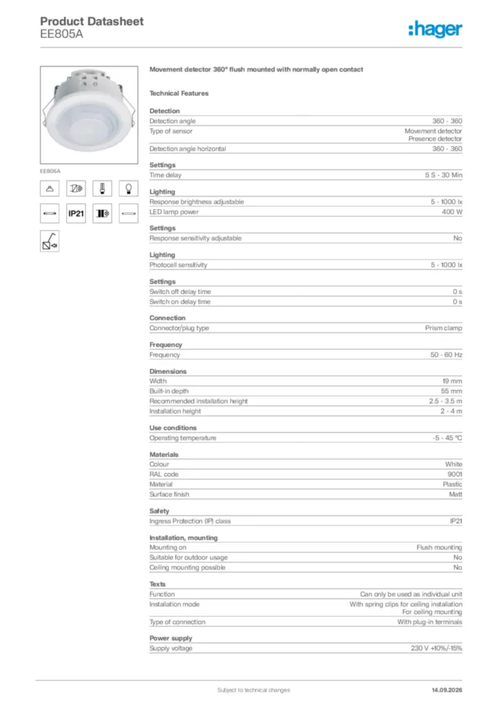 Image Hager Product data sheet EE805A  | Hager Africa