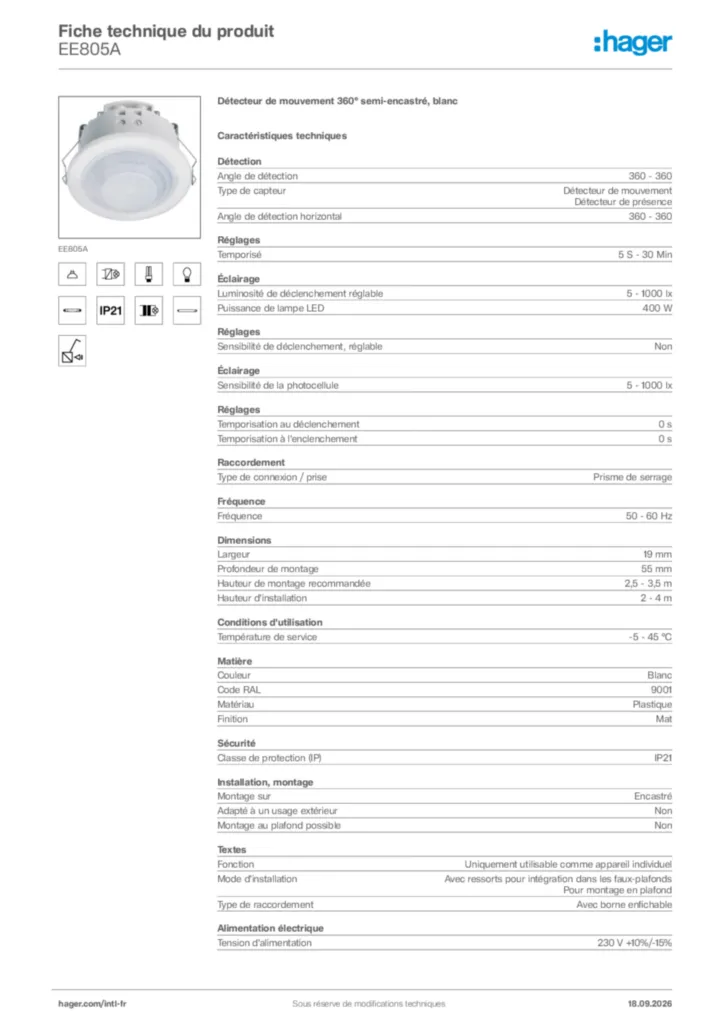 Image Hager Fiche technique du produit EE805A | Hager Afrique