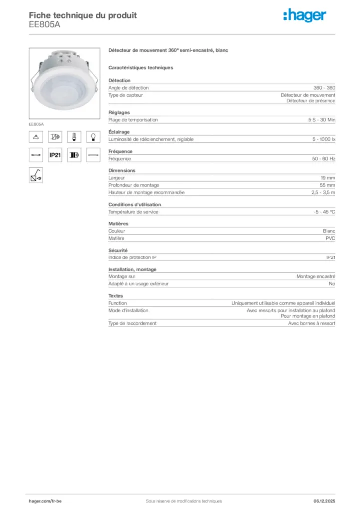 Image Hager Fiche technique du produit EE805A | Hager Belgique