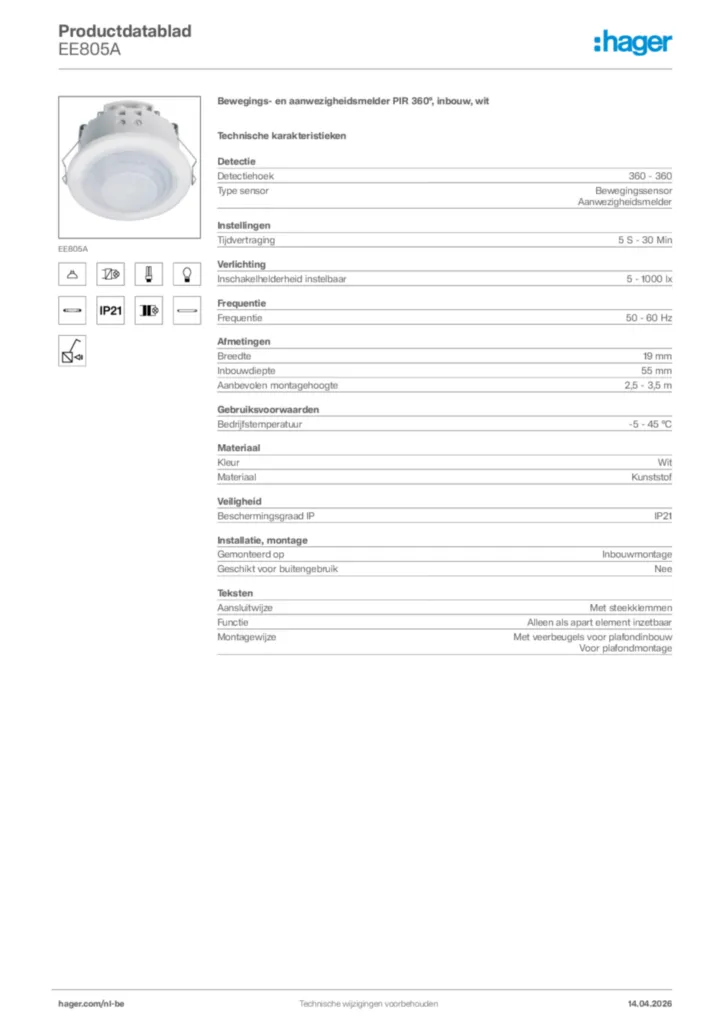 Afbeelding Hager Productdatablad EE805A | Hager Belgium