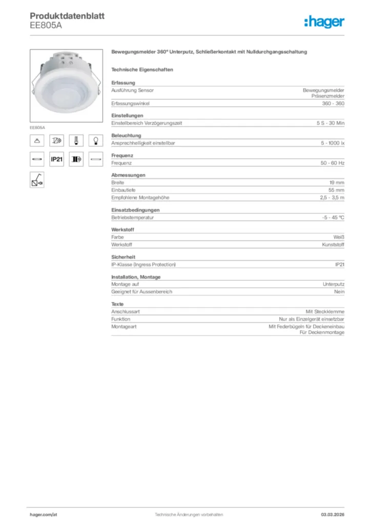 Bild Hager Produktdatenblatt EE805A | Hager Deutschland