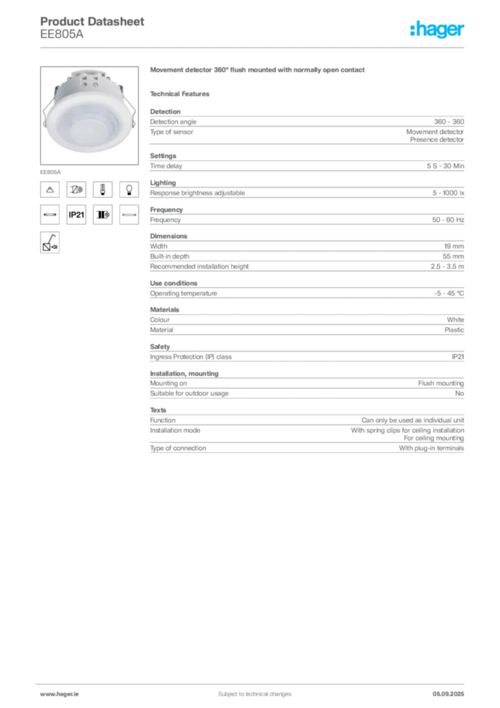 Image Hager Product data sheet EE805A  | Hager