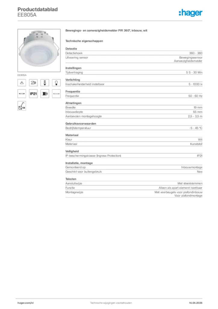 Afbeelding Hager Productdatablad EE805A | Hager Nederland