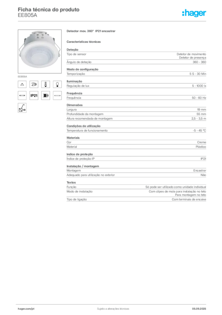 Imagem Hager Ficha técnica do produto EE805A | Hager Portugal