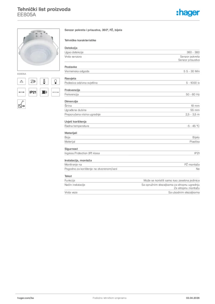 Slika Hager Tehnički list proizvoda EE805A  | Hager