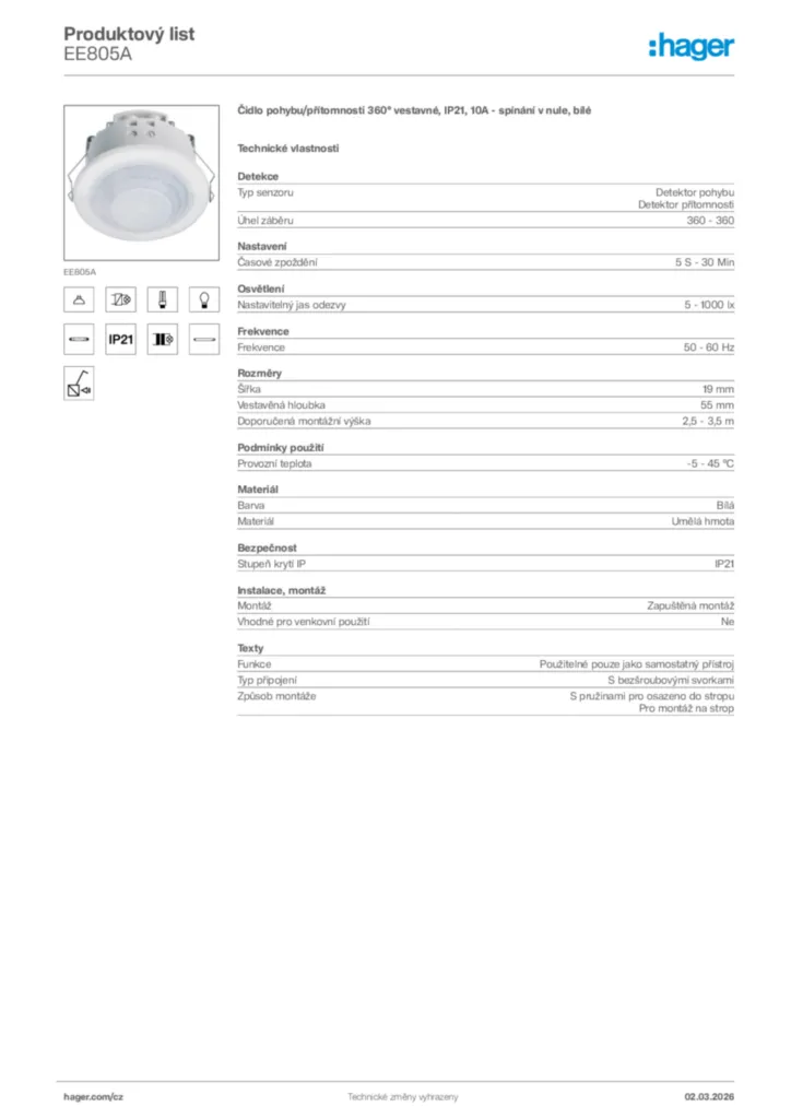 Obrázek Hager Product data sheet EE805A | Hager