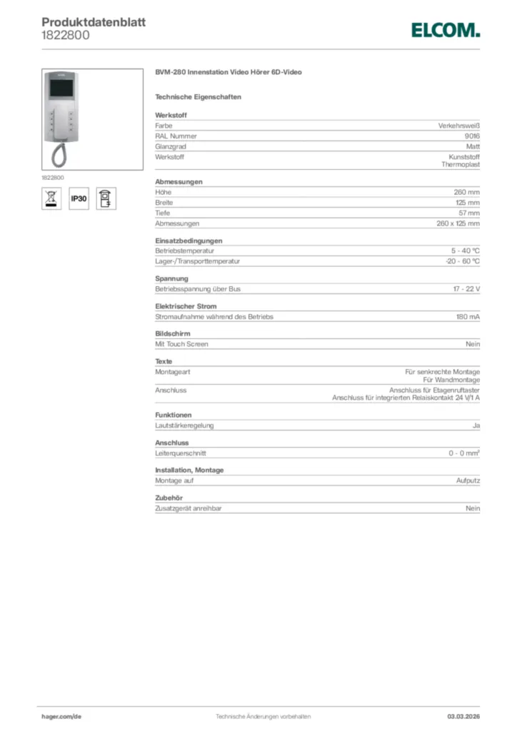 Bild Elcom Produktdatenblatt 1822800 | Hager Deutschland