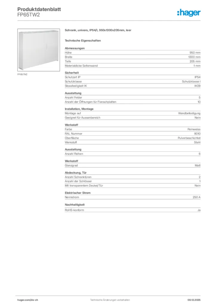 Bild Hager Produktdatenblatt FP65TW2 | Hager Schweiz