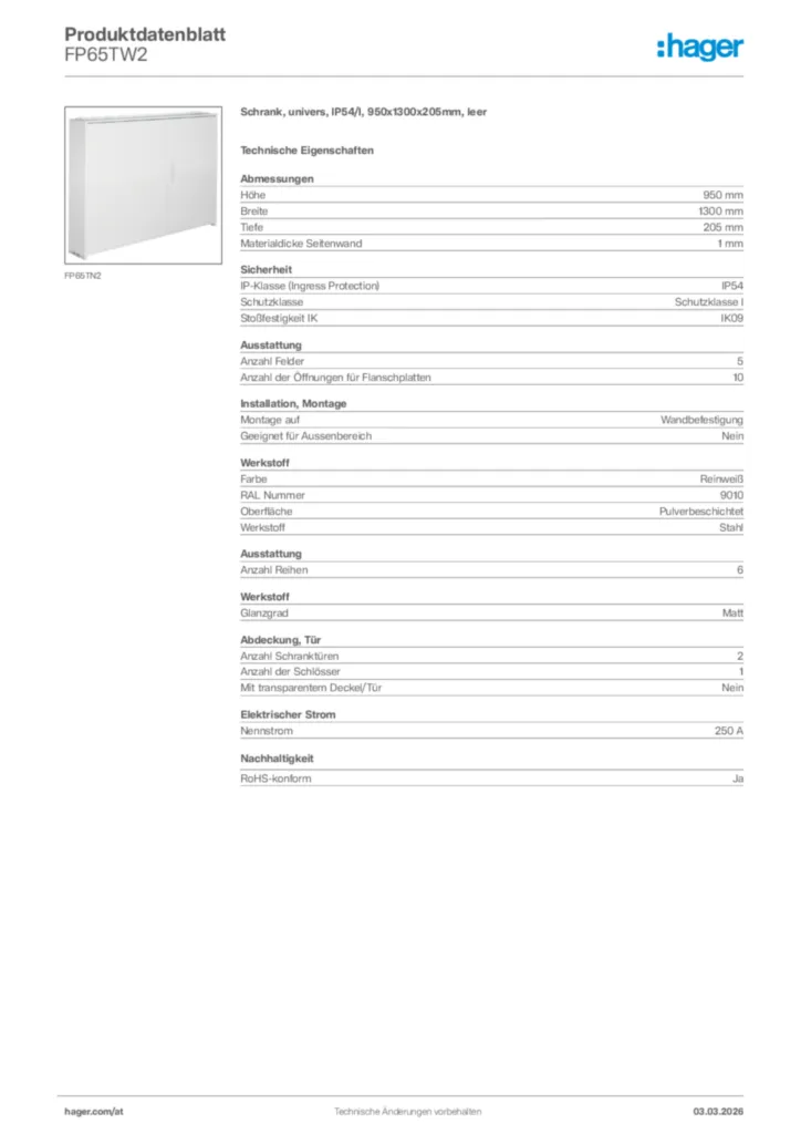 Bild Hager Produktdatenblatt FP65TW2 | Hager Deutschland