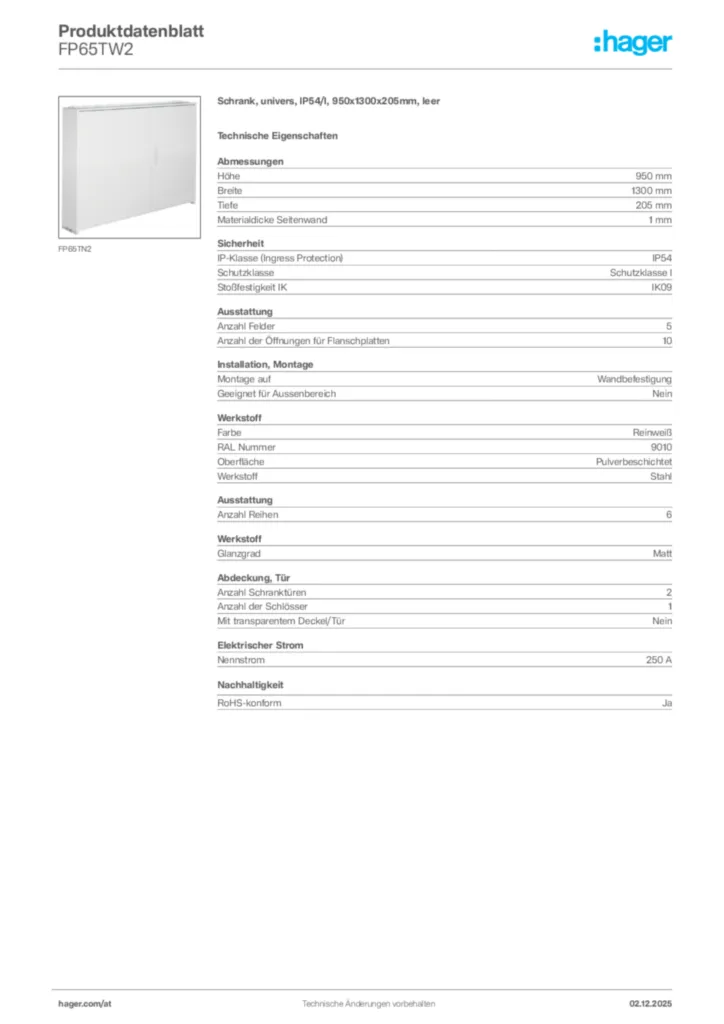 Bild Hager Produktdatenblatt FP65TW2 | Hager Deutschland