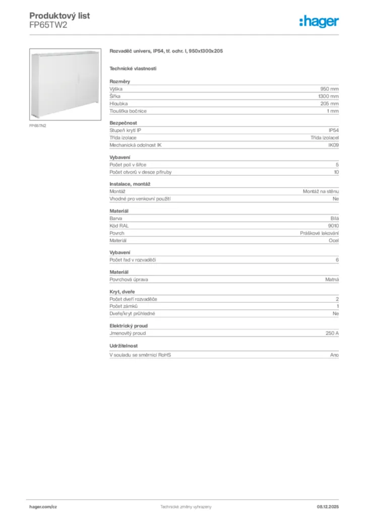 Obrázek Hager Product data sheet FP65TW2 | Hager