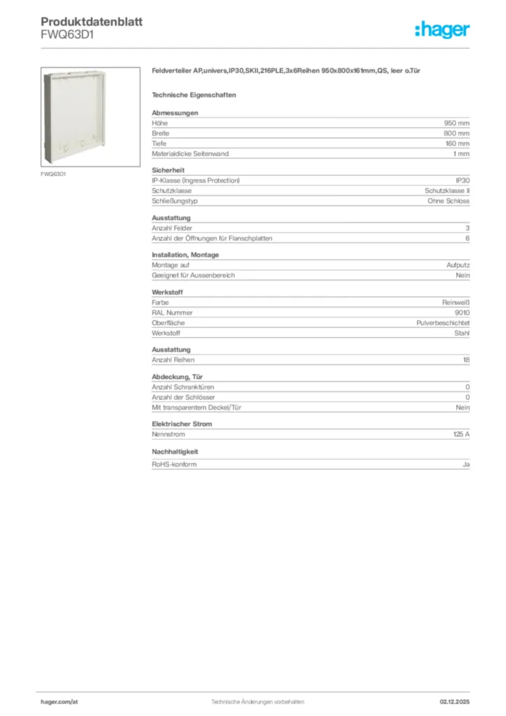 Bild Hager Produktdatenblatt FWQ63D1 | Hager Deutschland