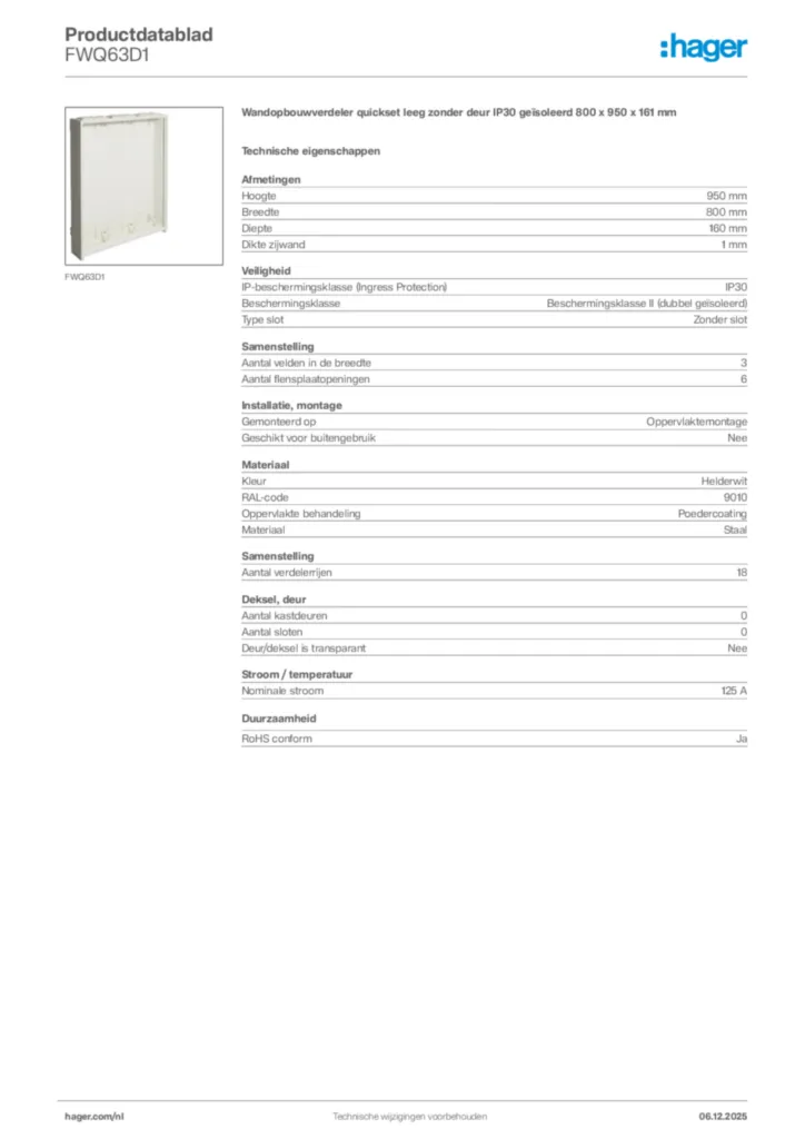 Afbeelding Hager Productdatablad FWQ63D1 | Hager Nederland