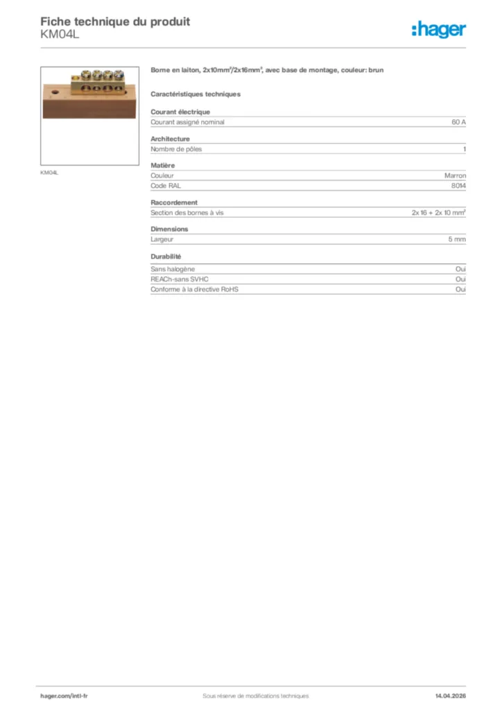 Image Hager Fiche technique du produit KM04L | Hager Afrique