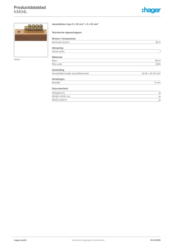 Afbeelding Hager Productdatablad KM04L | Hager Nederland