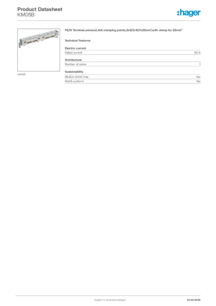 Image Hager Product data sheet KM05B  | Hager Africa